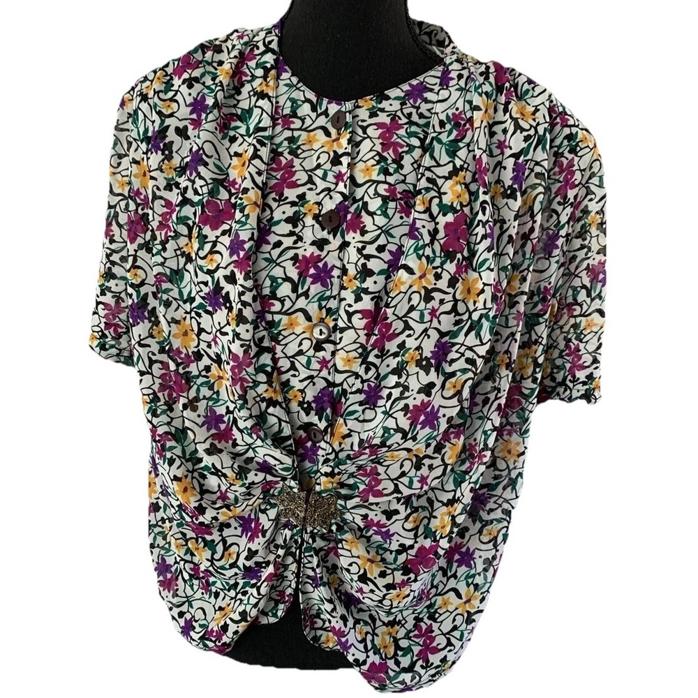 Vintage Victory Town L/XL Retro Madmen Top‎ Blouse Floral Short Sleeve
